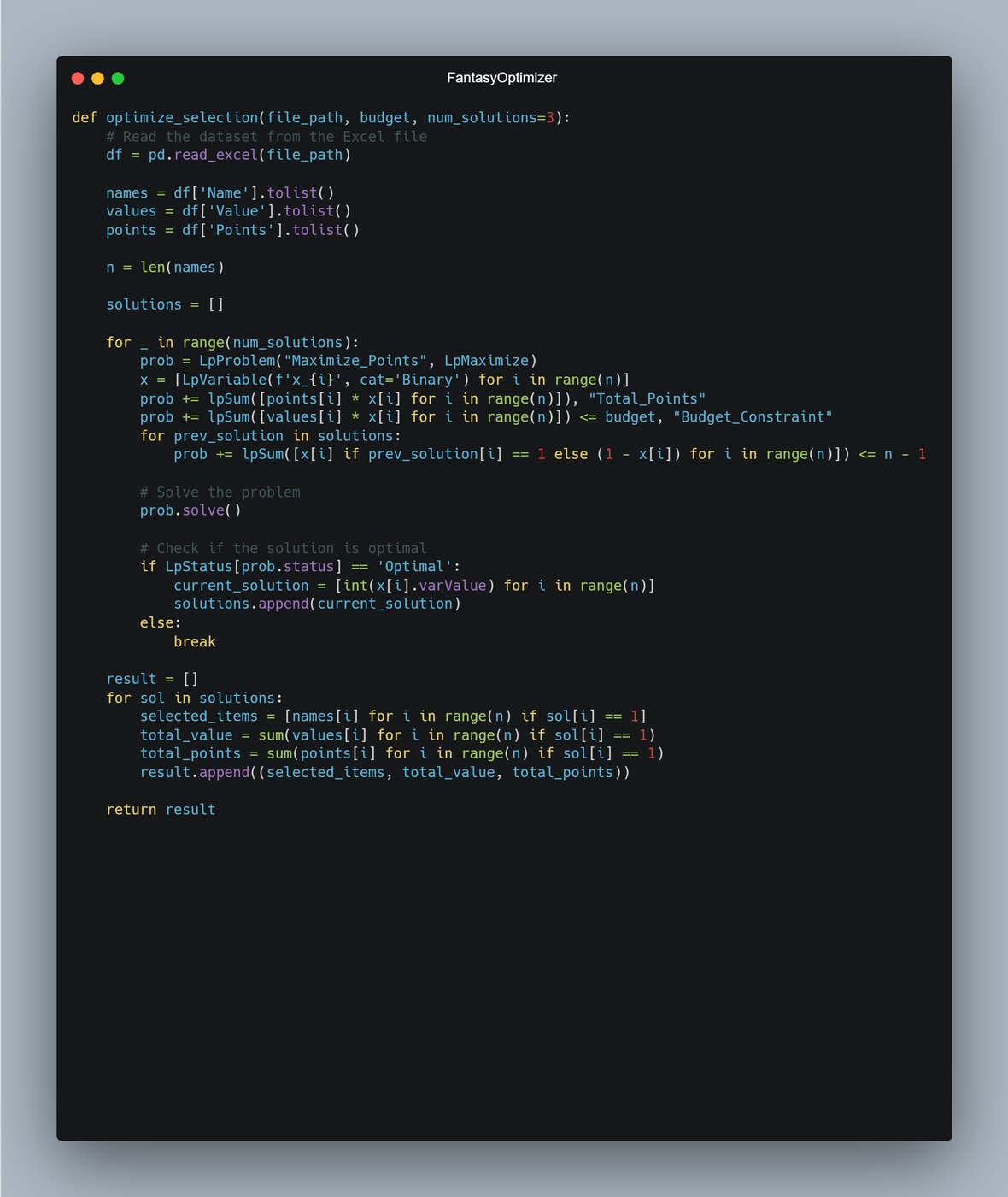 Python source for a constrained roster optimizer