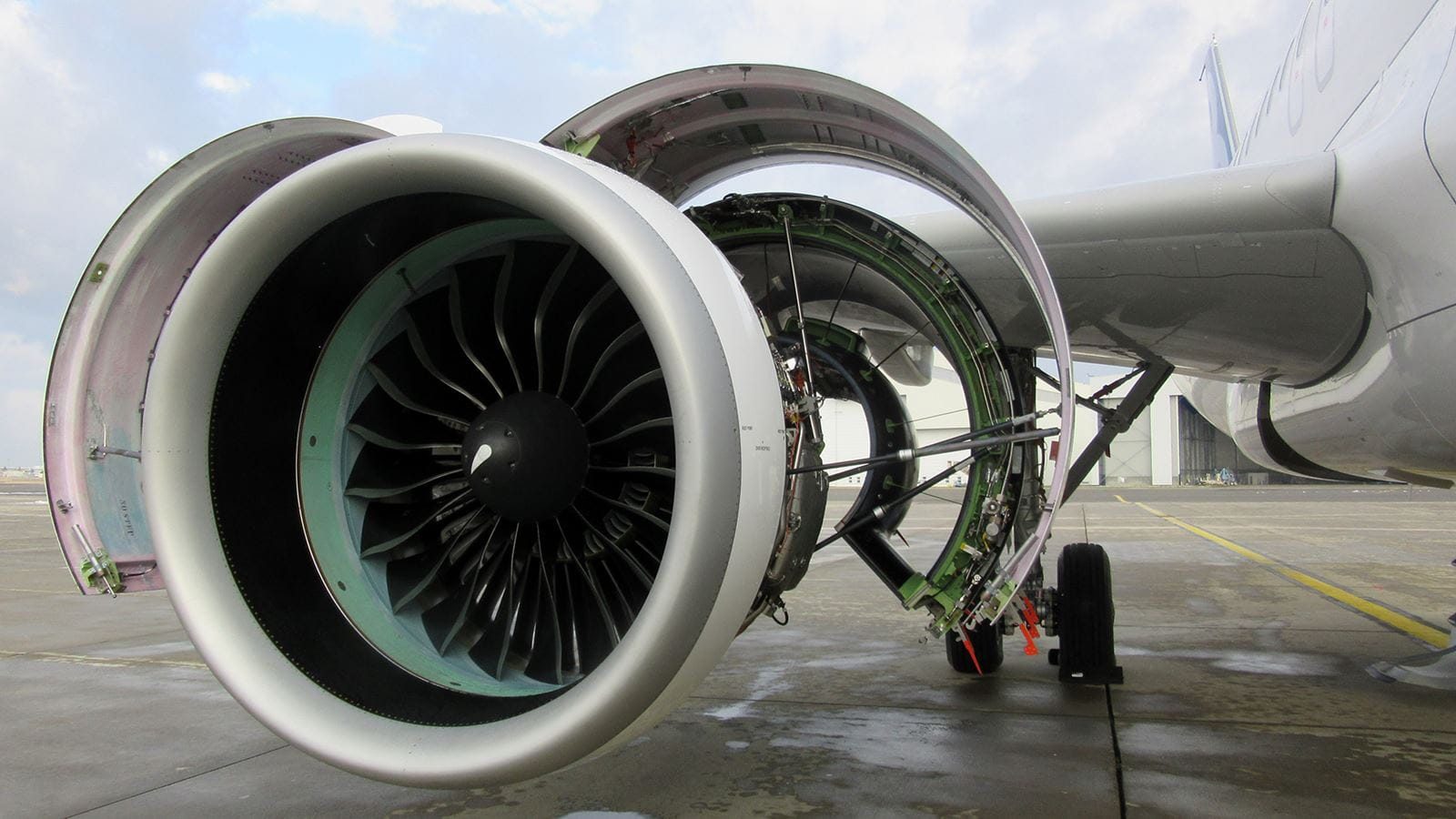 Engine nacelle with cowls open on hold-open rods